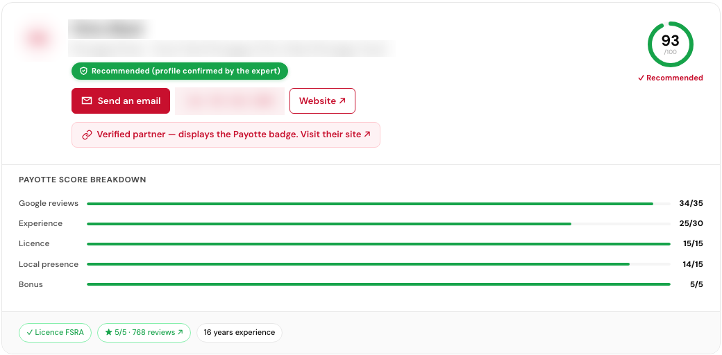Payotte page of a recommended mortgage broker: score 93 out of 100, score breakdown (Google reviews 34/35, experience 25/30, licence 15/15, local presence 14/15, bonus 5/5)